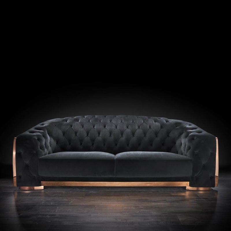 Elegant Black Velvet Sofa with Gold Trim
