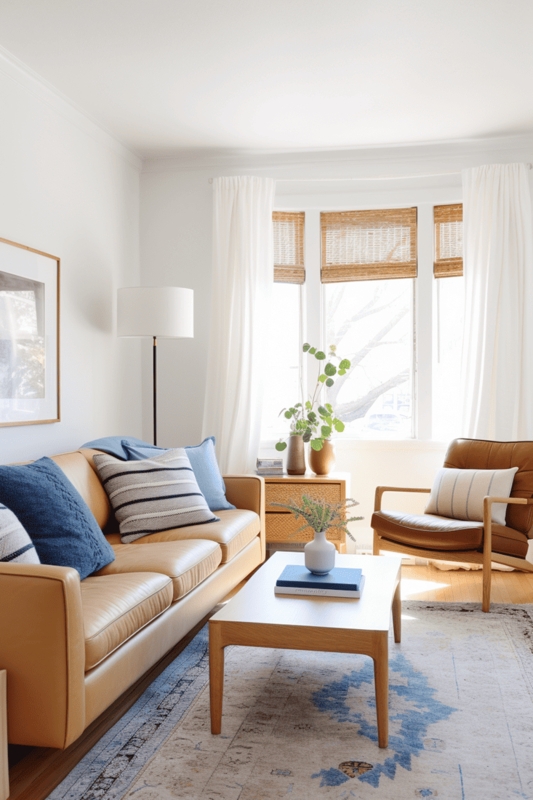 Elegant Camel Couch with Blue and Neutral Accents