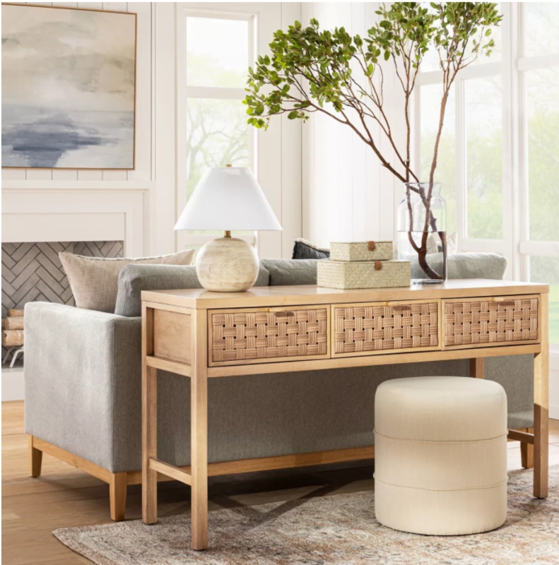 Elegant Coastal Console Table with Woven Drawers