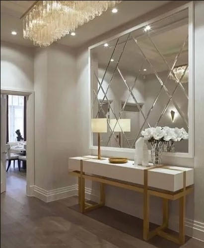 Elegant Geometric Mirror with Gold Console Table