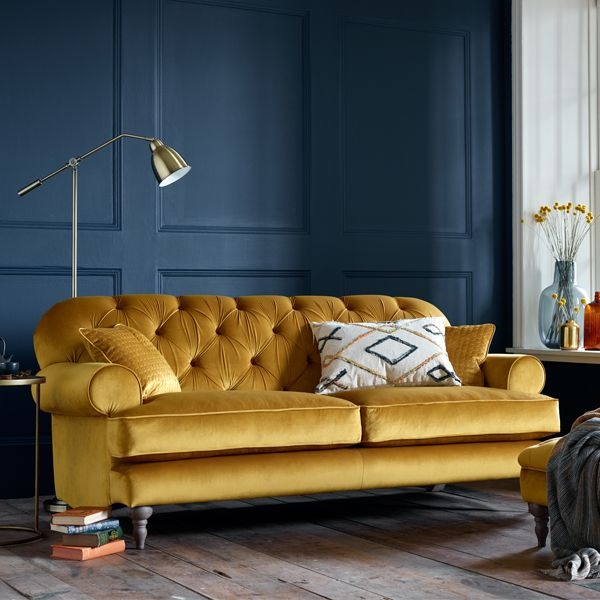 Elegant Gold Velvet Sofa in Modern Living Room