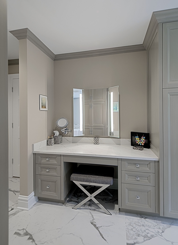 Elegant Gray Built-In Makeup Vanity with Marble Countertop