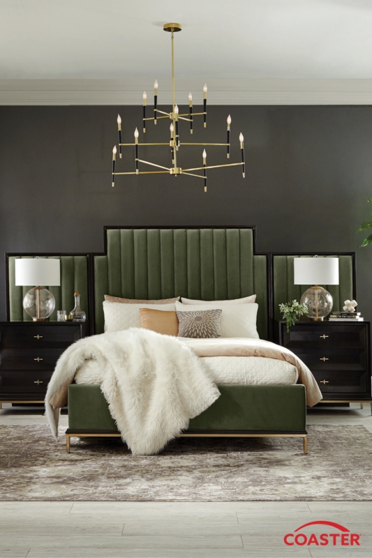 Elegant Green Velvet Upholstered Bed with Modern Lighting
