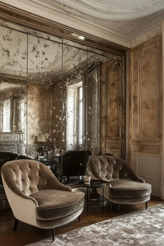 Elegant Half-Wall Paneling with Vintage Mirrored Walls