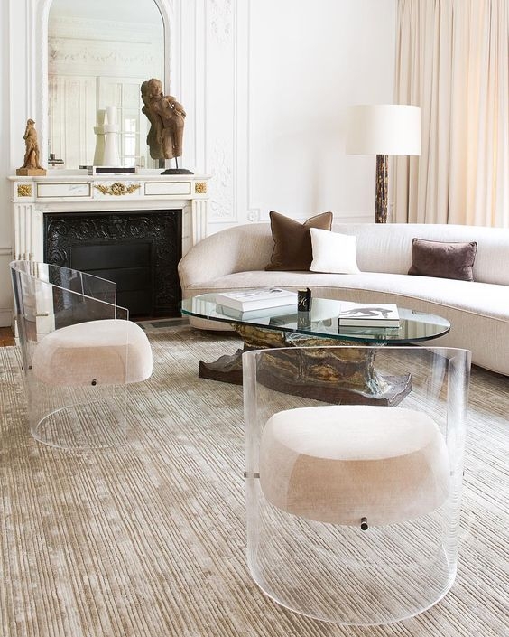 Elegant Lucite Chairs with Modern Neutral Sofa