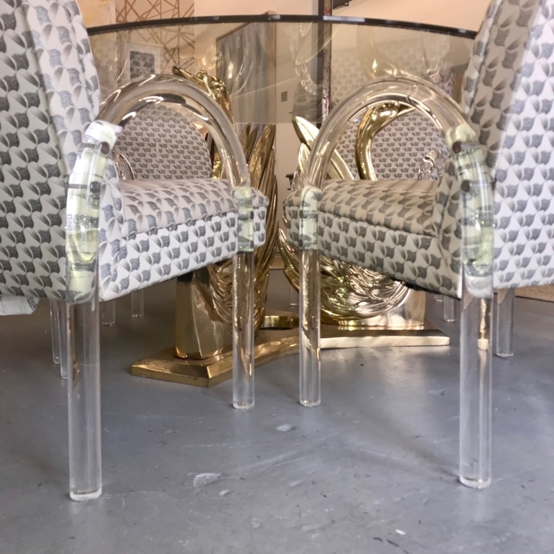 Elegant Lucite Chairs with Patterned Upholstery