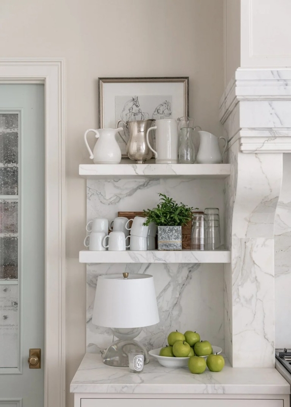 Elegant Marble Kitchen Shelves with Classic Accents