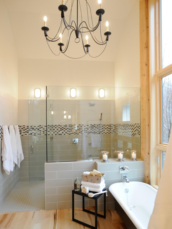 Elegant Modern Bathroom with Black Chandelier Lighting
