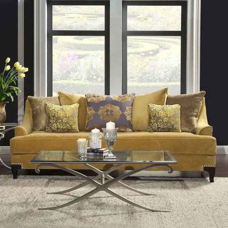 Elegant Mustard Yellow Velvet Couch with Decorative Pillows