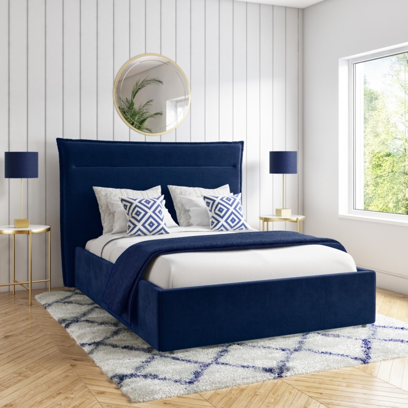 Elegant Navy Blue Velvet Bed Frame with Cushioned Headboard