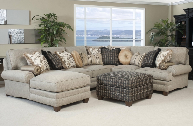 Elegant Neutral Angled Sectional Sofa with Ottoman
