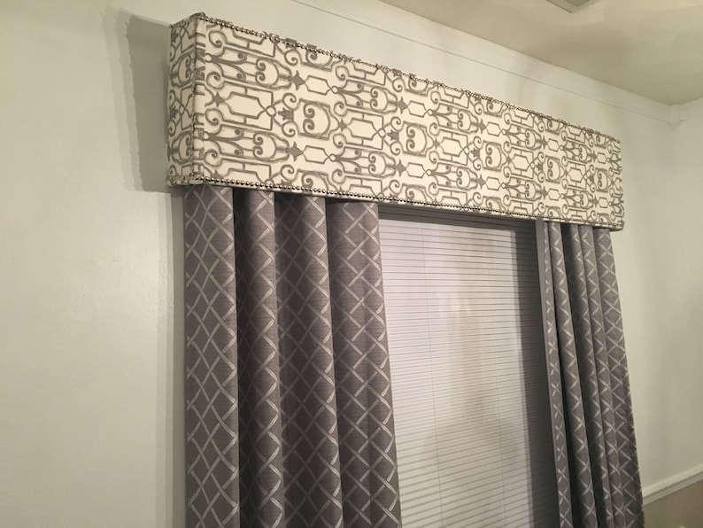 Elegant Patterned Valance and Grey Drapes Window Treatment