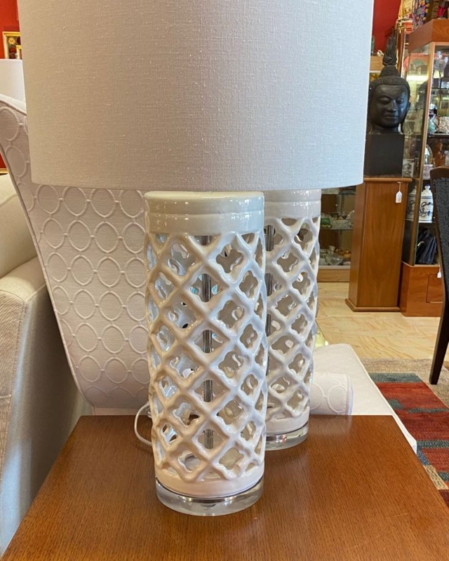 Elegant Pierced Blanc-de-Chine Lamps on Lucite Bases
