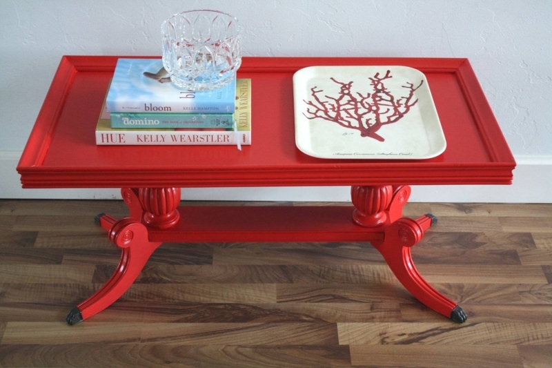 Elegant Red Rectangular Coffee Table with Decorative Accents