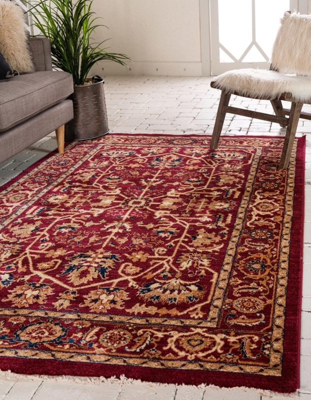Elegant Red Tan and Black Traditional Area Rug