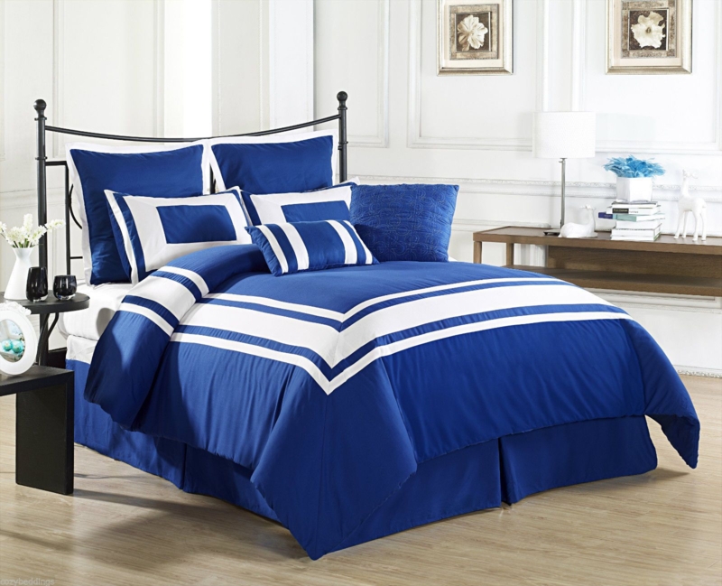 Elegant Royal Blue and White Queen Bed Comforter Set