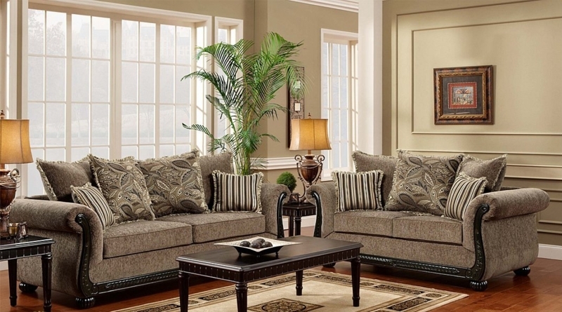 Elegant Soft Taupe Chenille Fabric Traditional Sofa Set