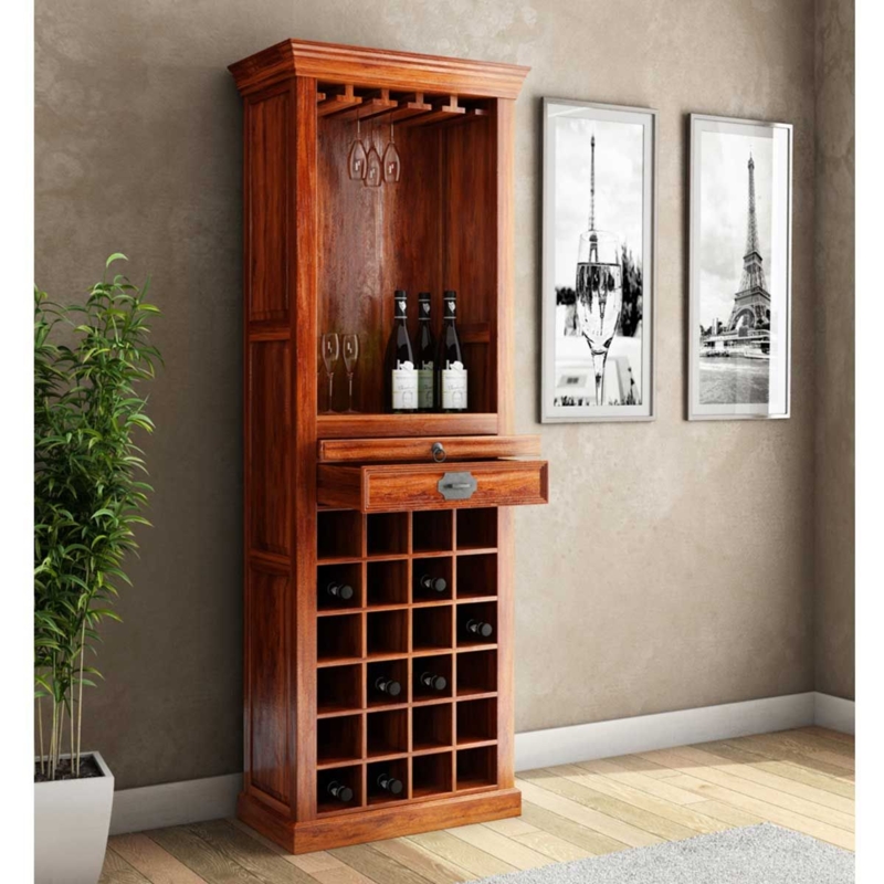 Elegant Tall Wooden Bar Cabinet with Glass Doors