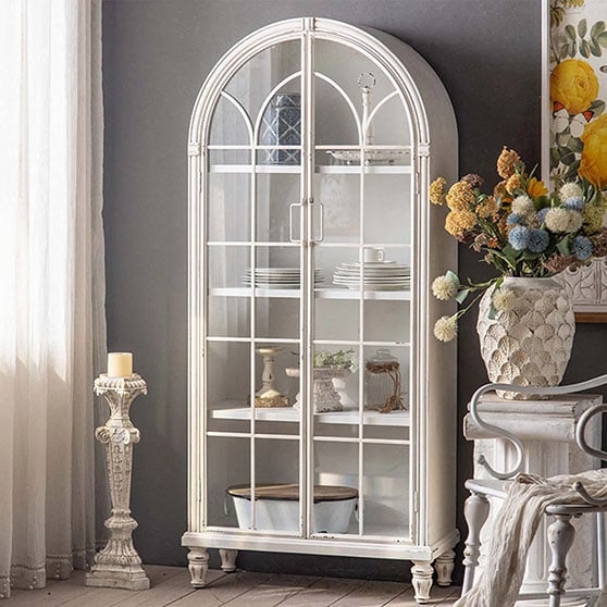 Elegant White Arch Glass Cabinet for Vintage Decor