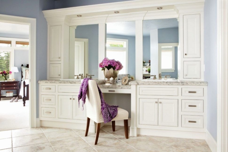 Elegant White Double Sink Vanity with Makeup Table