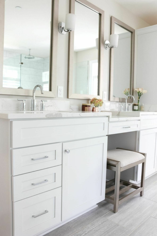 Elegant White Master Bathroom Vanity with Makeup Area