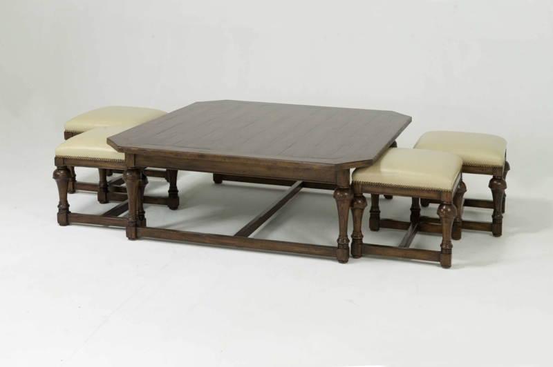 Elegant Wooden Coffee Table with Nesting Stools