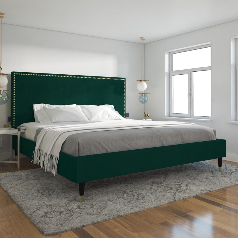 Emerald Green Upholstered Bed with Nailhead Trim