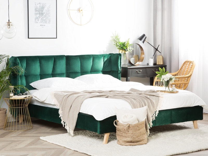 Emerald Green Velvet Bedroom with Natural Accents