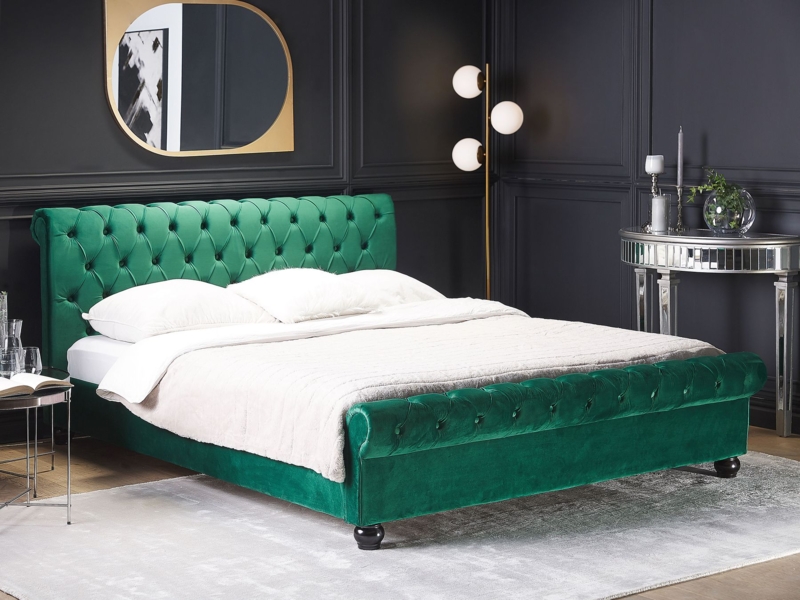 Emerald Green Velvet King Size Bed with Button Tufting