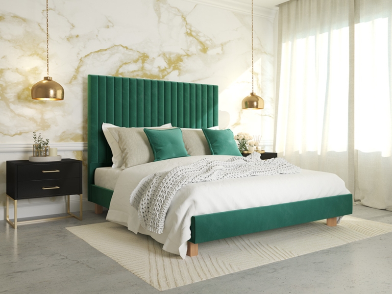 Emerald Green Velvet Platform Bed with Gold Accents