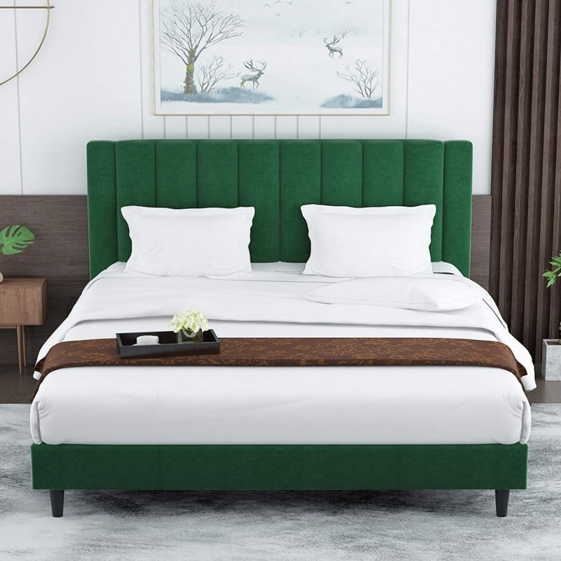 Emerald Green Velvet Upholstered Platform Bed Frame