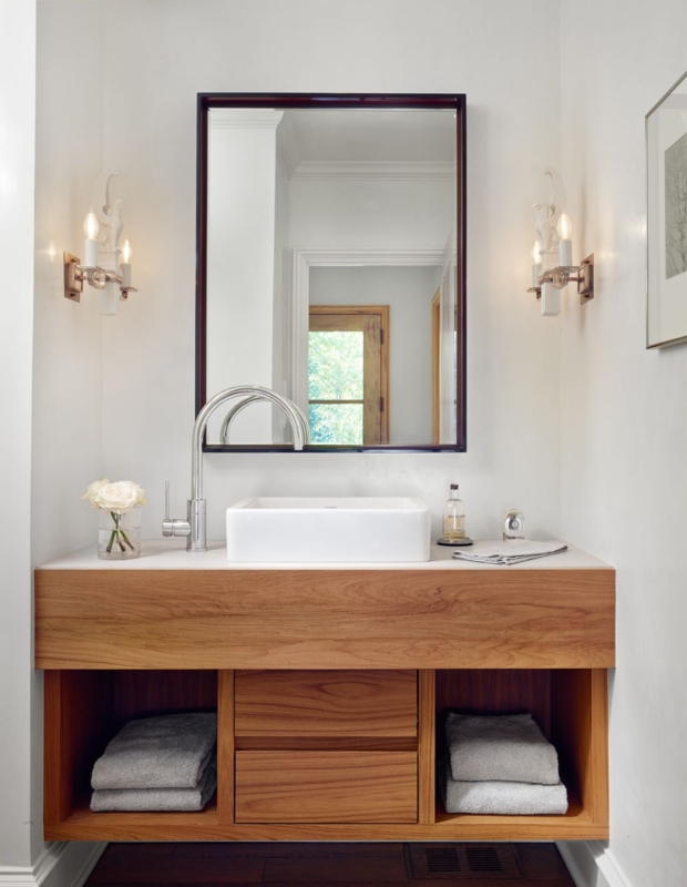 Floating Wood Vanity with Vessel Sink and Side Faucet