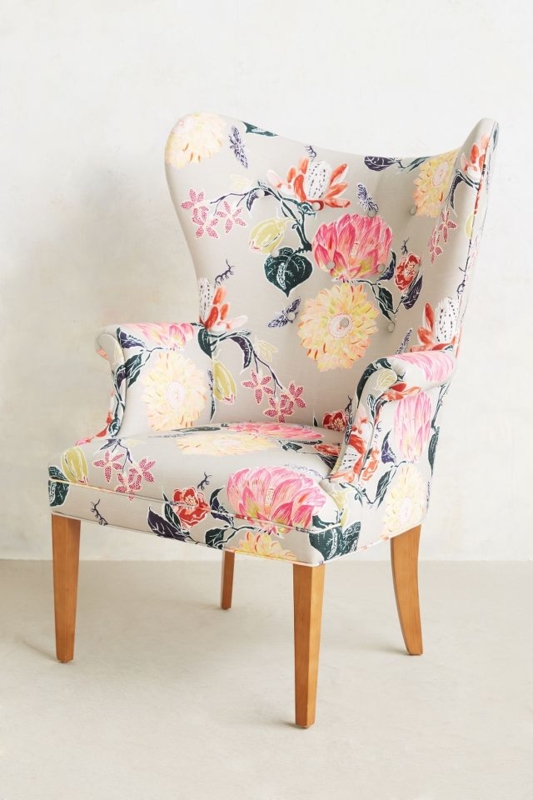 Floral Lotus Blossom Wingback Chair with Wooden Legs