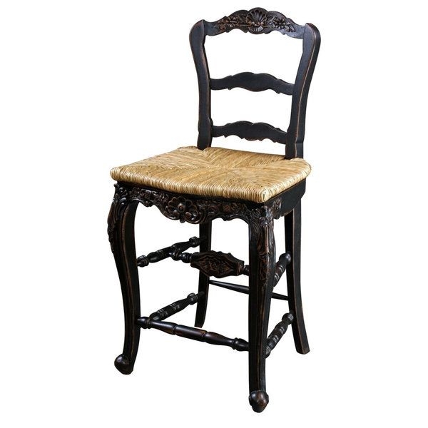 French Country Blackwash Carved Bar Stool with Woven Seat