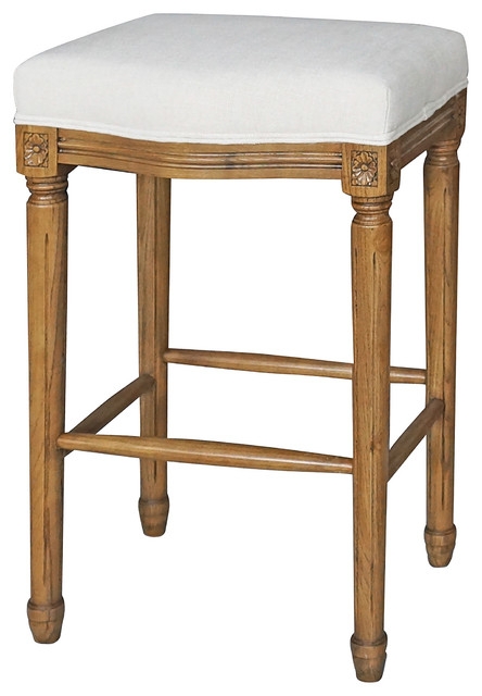French Country Carved Oak White Linen Barstool
