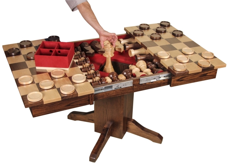 Game Table with Jumbo Sized Chess and Checker Game Pieces