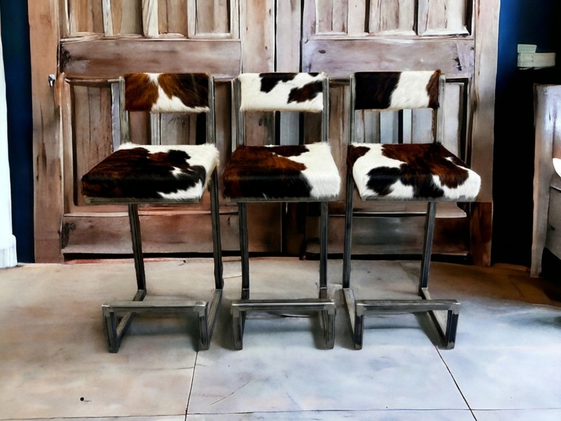 Genuine Cowhide Bar Stools with Metal Frames