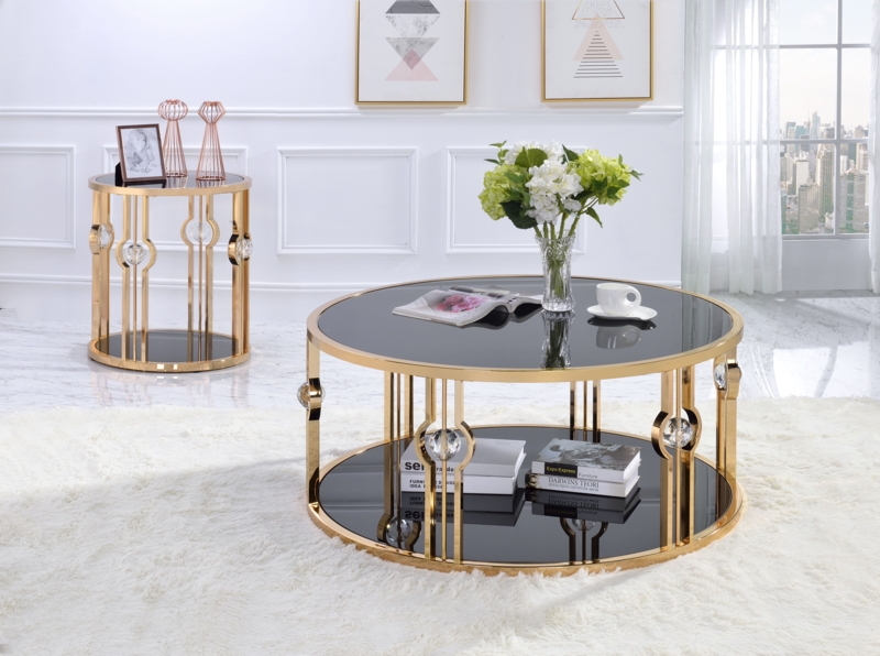 Gold and Black Glass Modern Metal Frame Coffee Tables