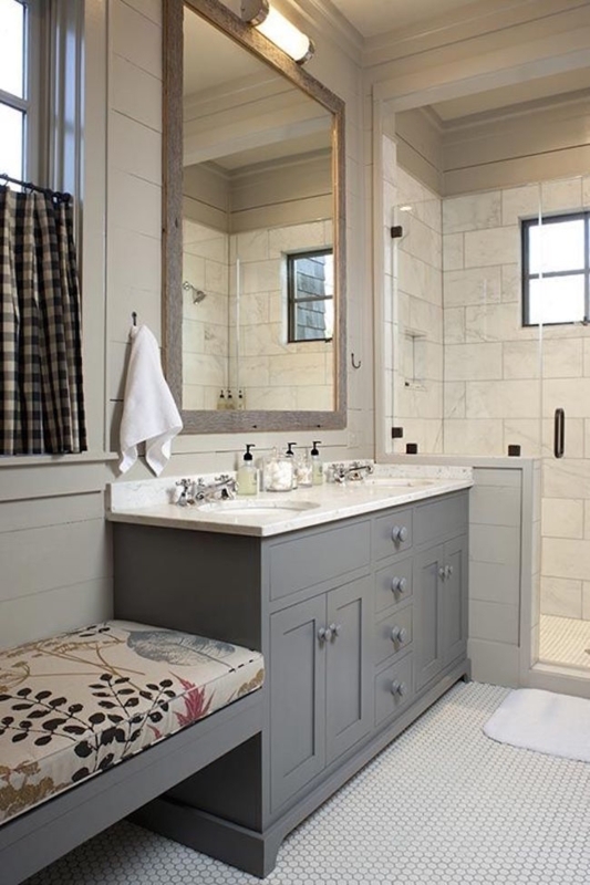 Gray Bathroom Vanity With Storage Bench and Cushion