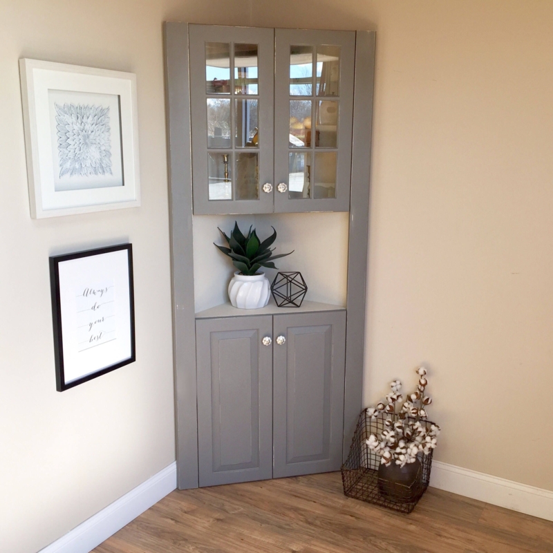 Gray Farmhouse Corner Kitchen Hutch with Glass Doors