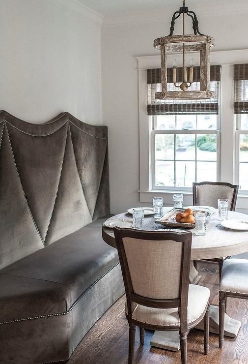 Gray Velvet Curved Banquette with Nailhead Trim