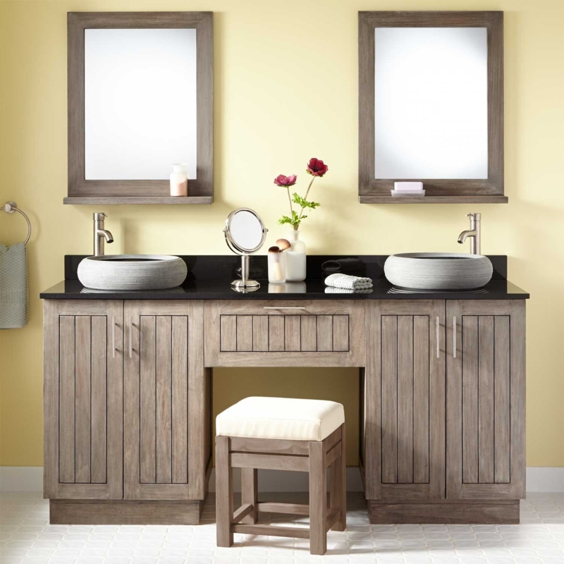 Gray Wash Teak Double Sink Vanity with Makeup Station