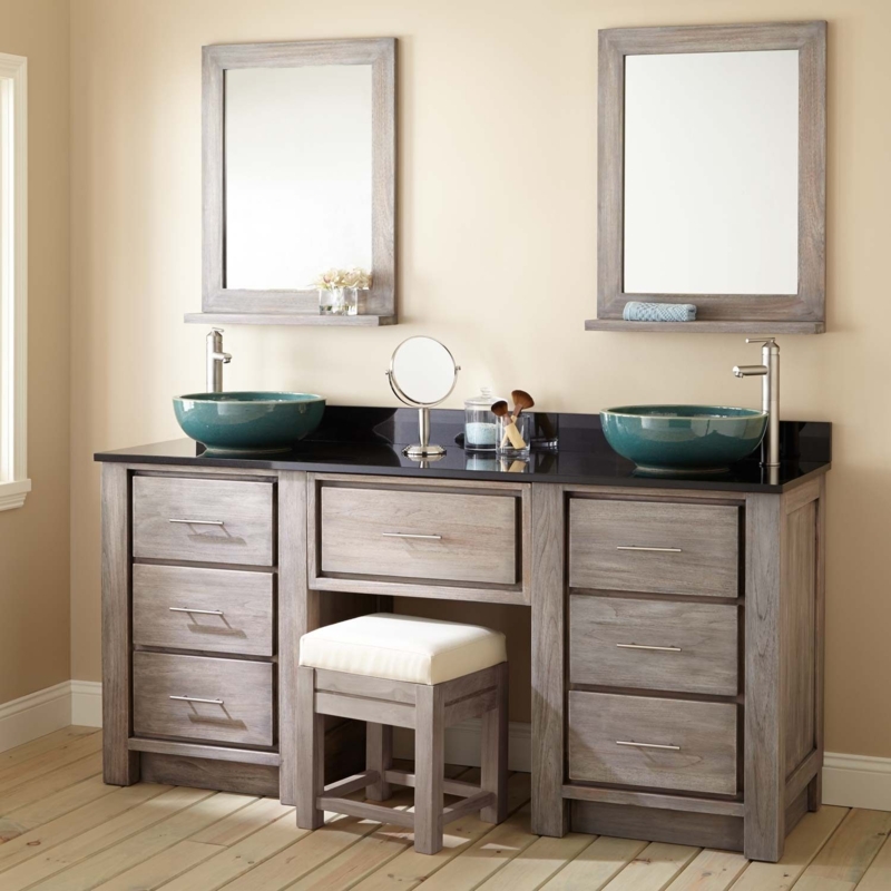 Gray Wash Teak Double Vessel Sink Vanity with Makeup Area