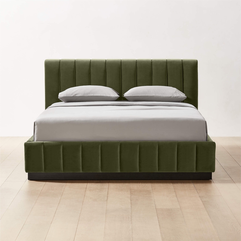 Green Velvet Channeled Queen Bed Frame