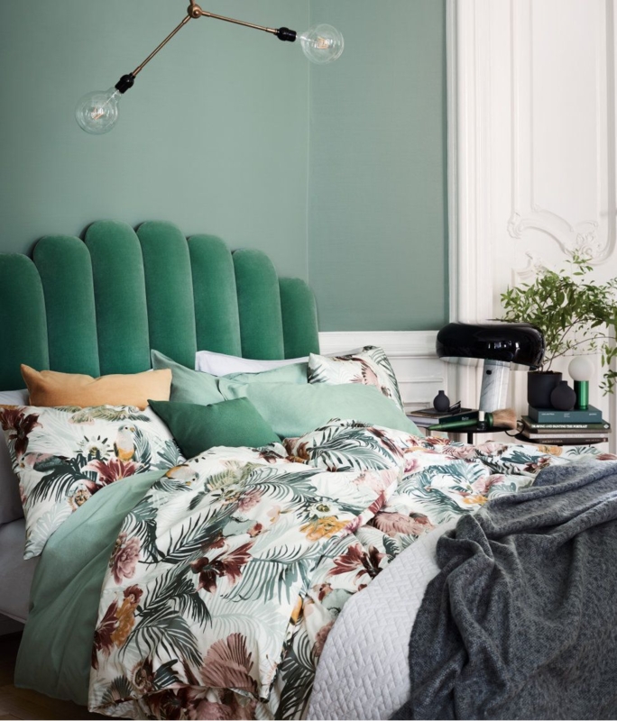 Green Velvet Headboard with Botanical Bedding