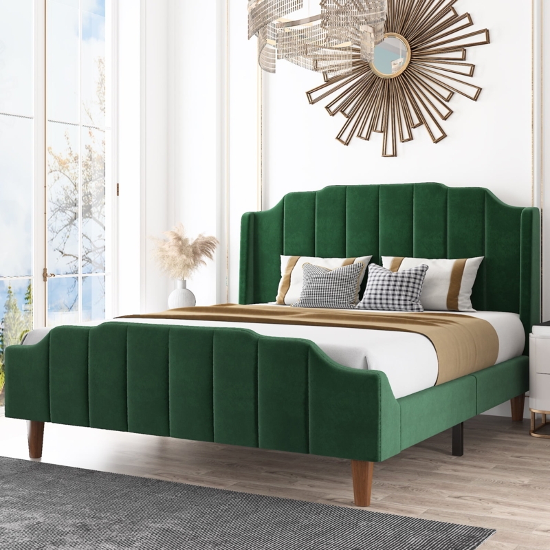 Green Velvet Upholstered Queen Size Platform Bed