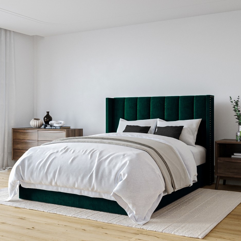 Green Velvet Wing Back King Size Ottoman Bed