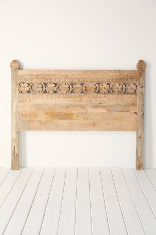 Hand-Carved Bohemian Wooden Platform Bed Headboard