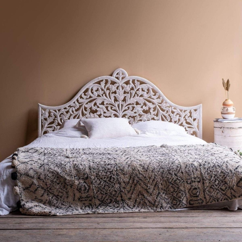 Hand Carved White Floral Headboard Bedroom Design
