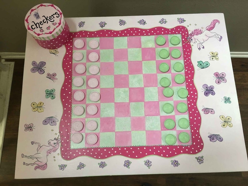 Hand-Painted Kids Checkers Table with Unicorn Design